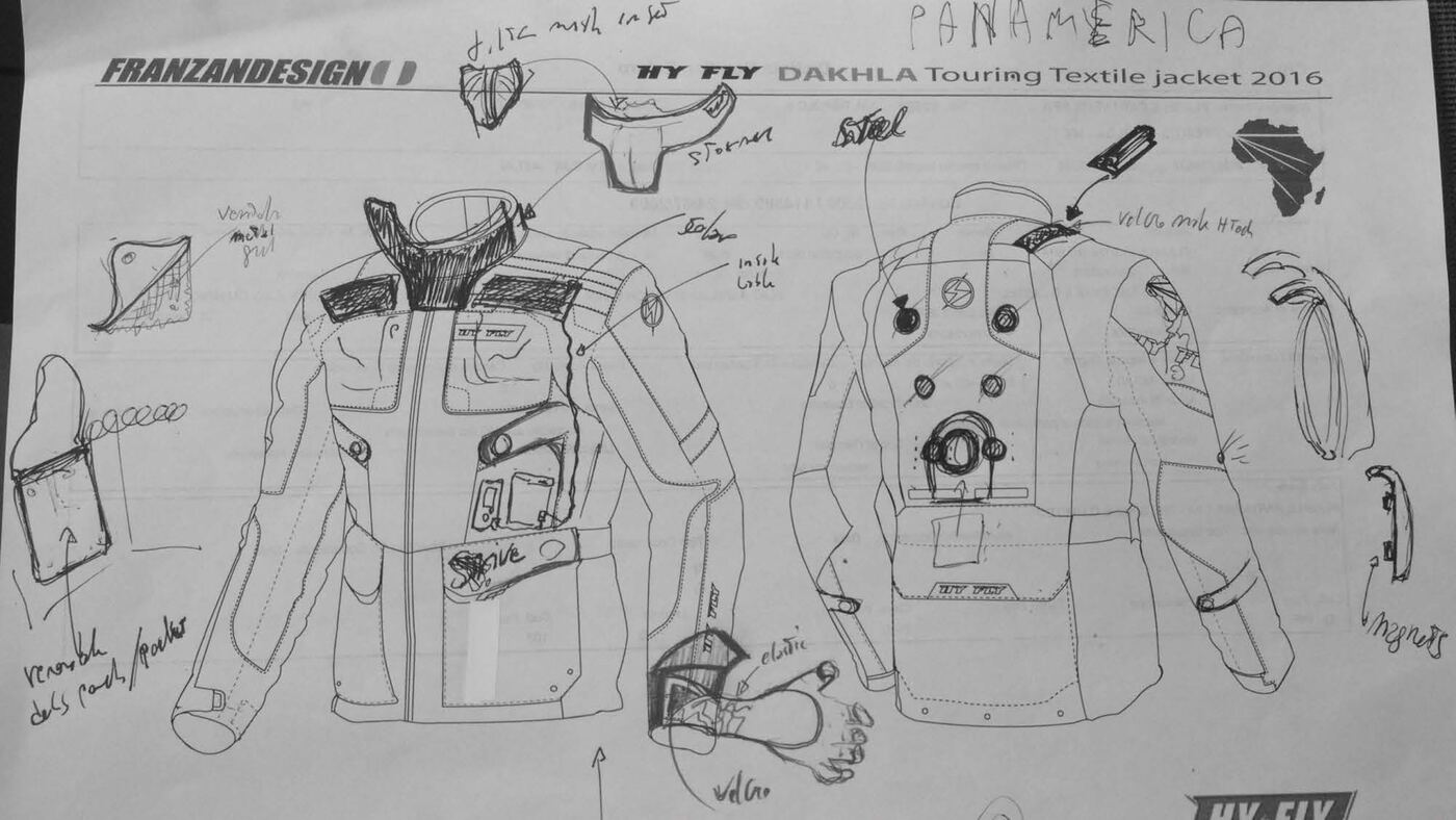 Technical design sketch of a motorbike jacket